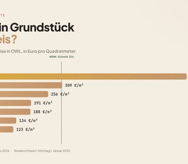 Balkendiagramm der durchschnittlichen Grundstückspreise je Kreis in OWL in Euro pro Quadratmeter, von Bielefeld mit 785 bis Höxter mit 123